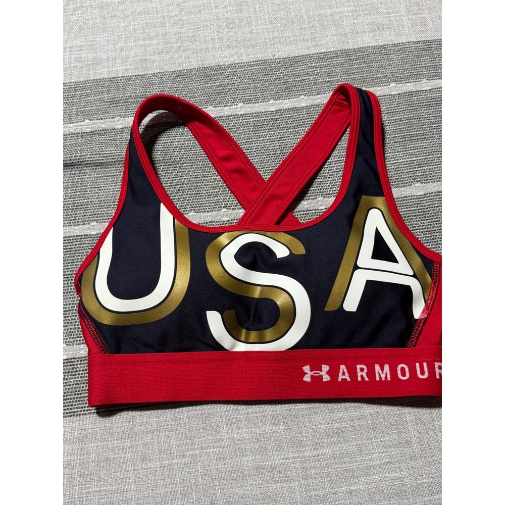 Under Armour Womens Team USA Sports Bra Navy Red Gold Compression Small HeatGear